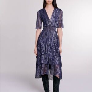 Maje Paris Metallic Lurex Pleated V-Neck Midi Dress Blue/Silver FR 40 (US 8)